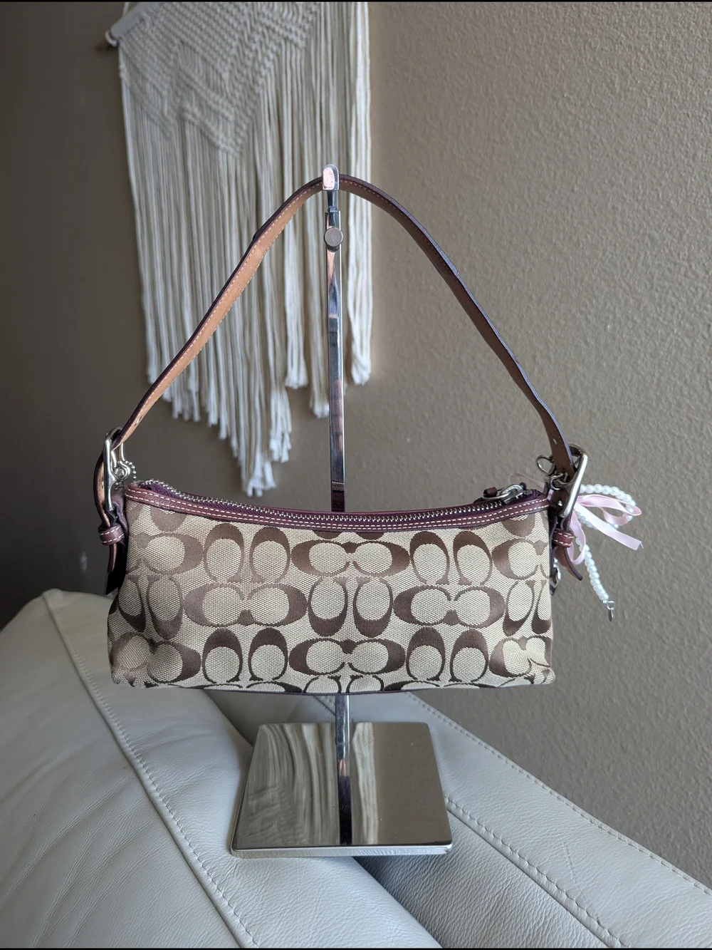 vintage Coach Signature Striped Suede Demi Baguette